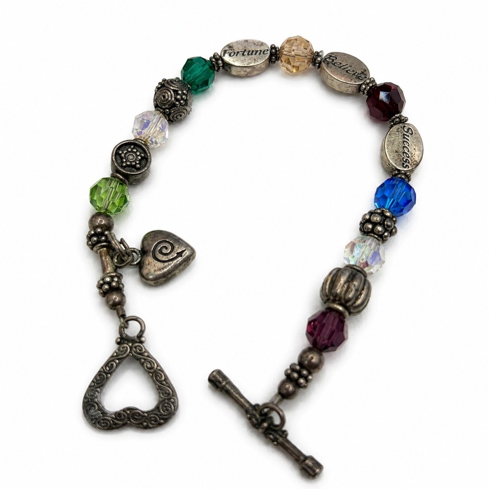 Vintage Sterling Silver Charm Bracelet Multicolor Beads Heart Toggle Boho